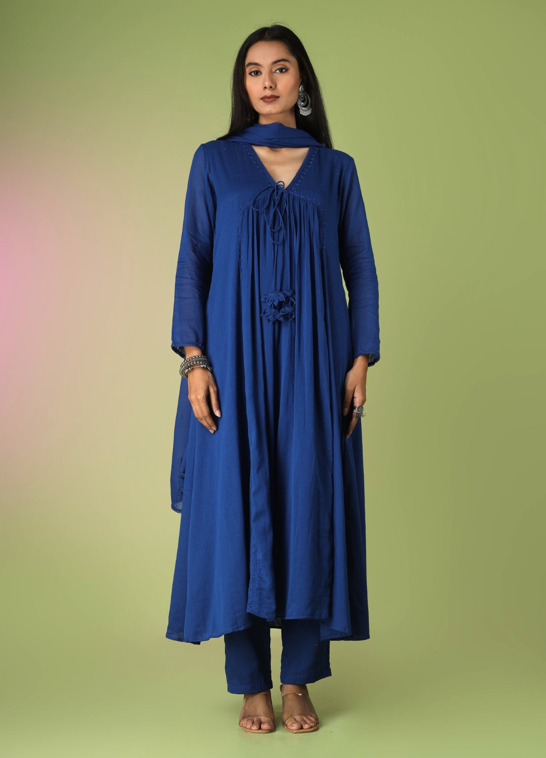 Royal Blue Front Dori Anarkali Suit Set XS