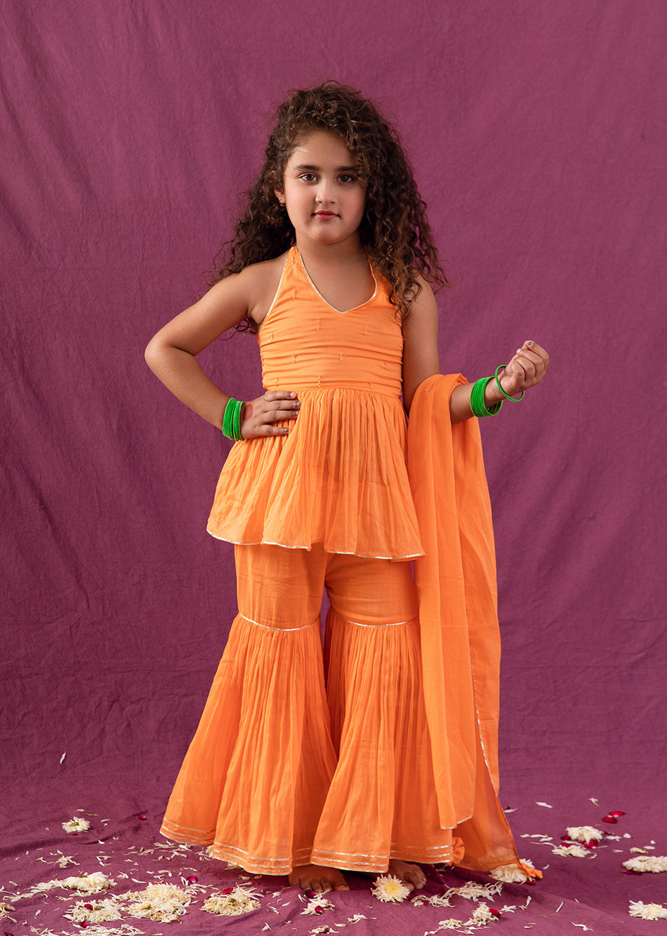Buy Orange Halter Peplum Top and Sharara Dress Sets for Kids