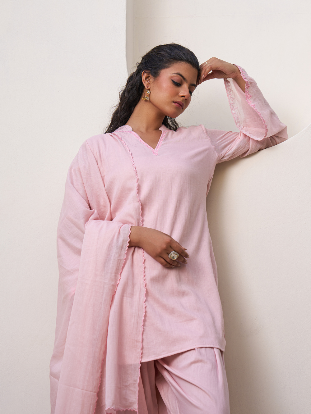 Buy Rose Pink Short Collared Kurta With Farshi Shalwar Suit at