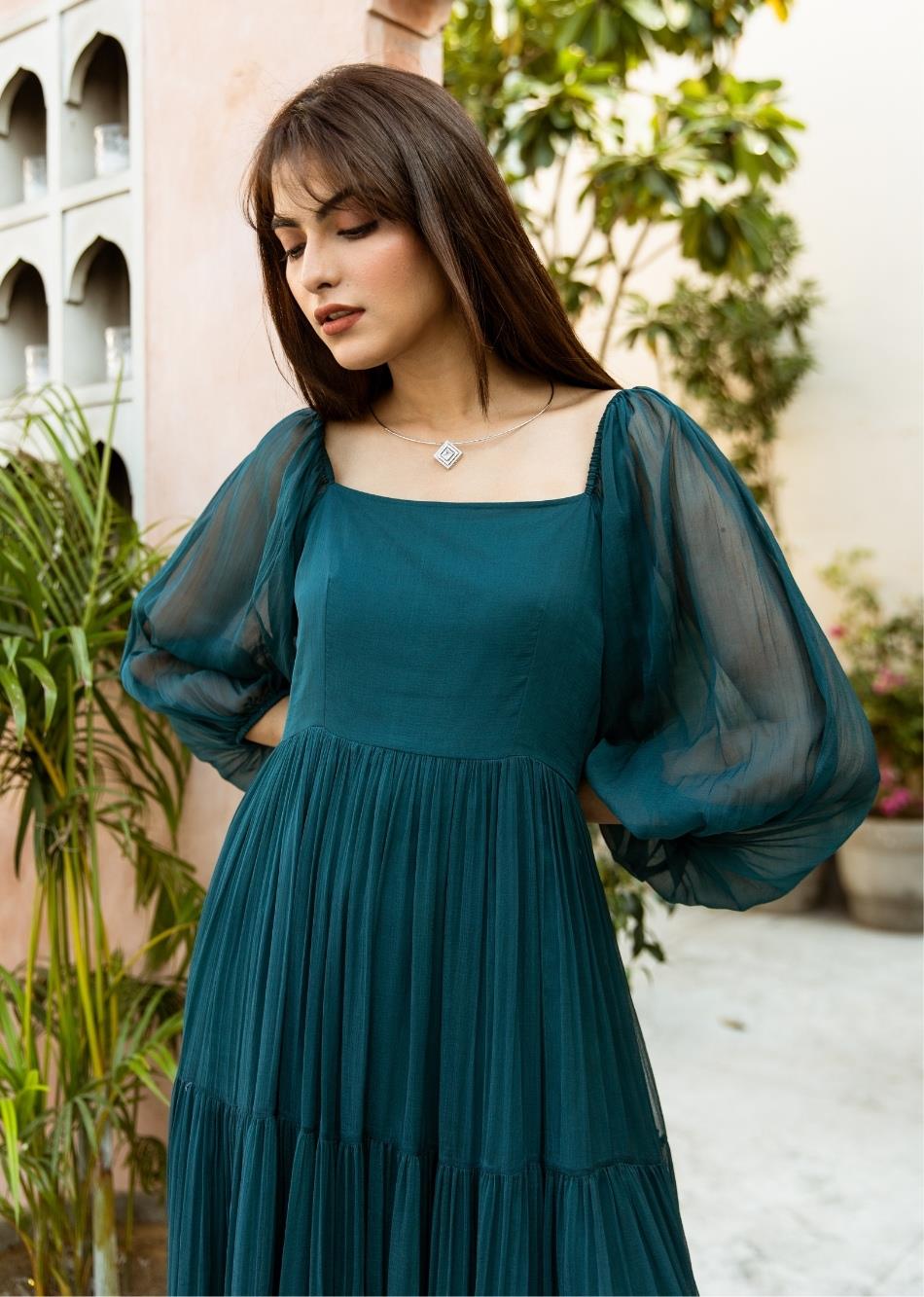 teal dress for women Alli Ombre Maxi - and flutter sleeves that add a whimsical touch. Metallic Long Teal Prom Dress