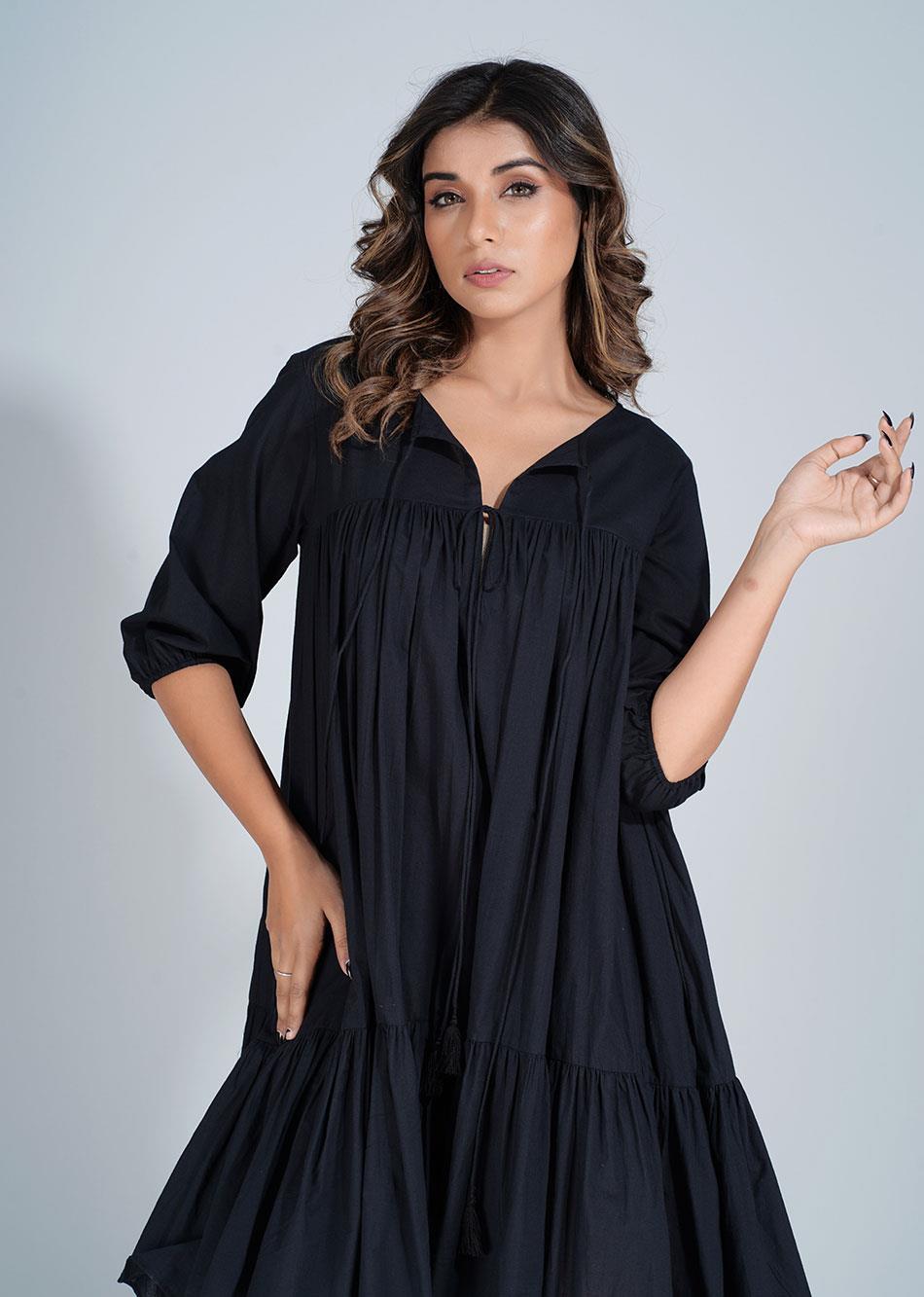 Shop Lovely Cotton Black Short Tiered Dresses for Women