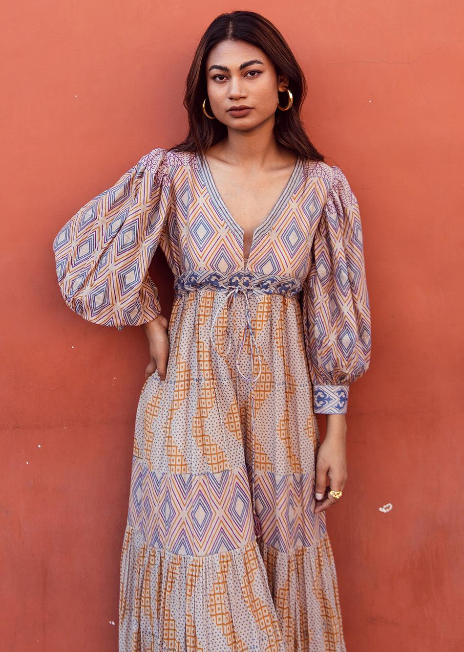 Brown Gather Slit Dress M