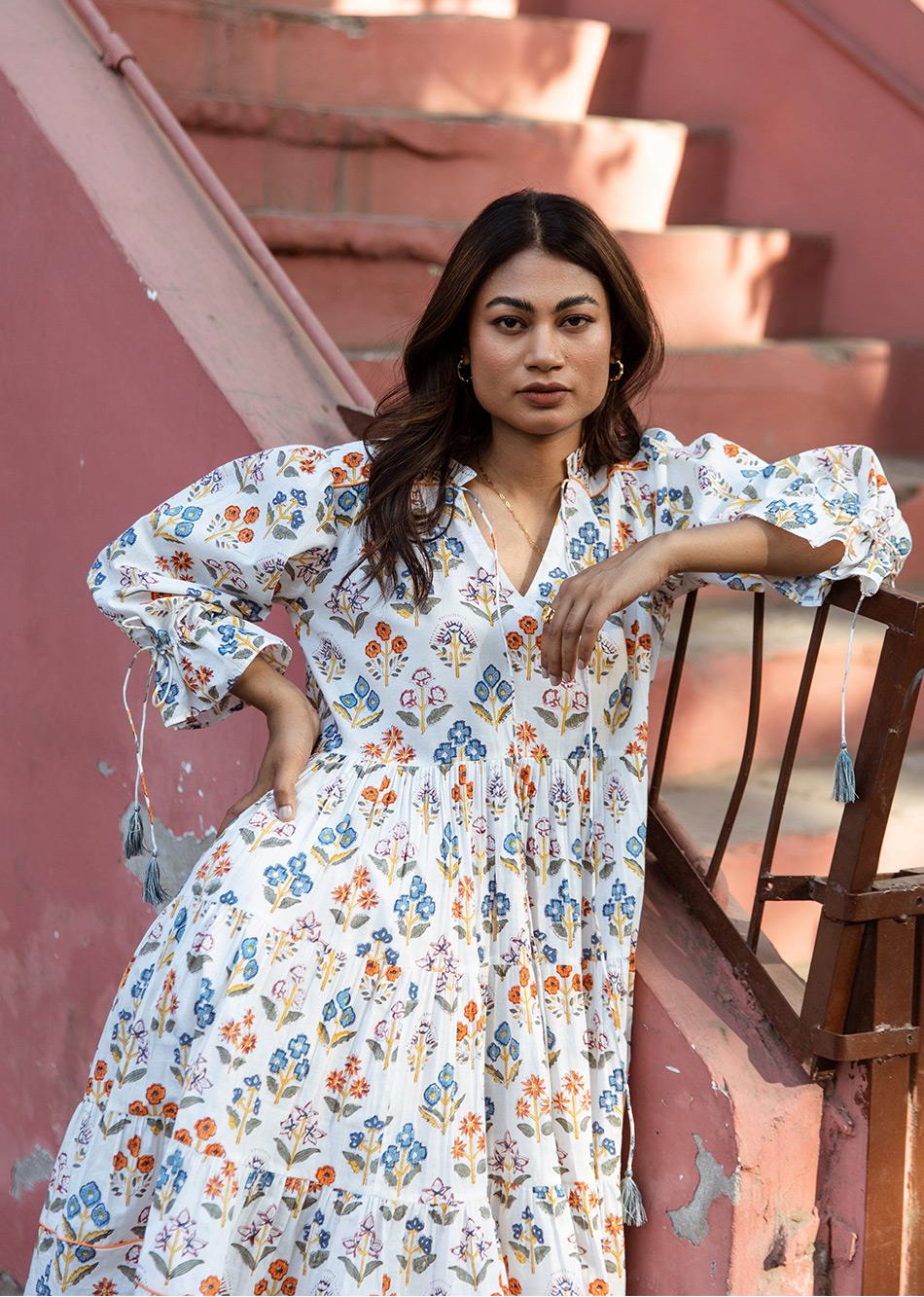 Shop Best White Printed Gathered Dress for Women Online Order Now at JOVI India Shop Best White Printed Gathered Dress for Women Online Order Now at JOVI India