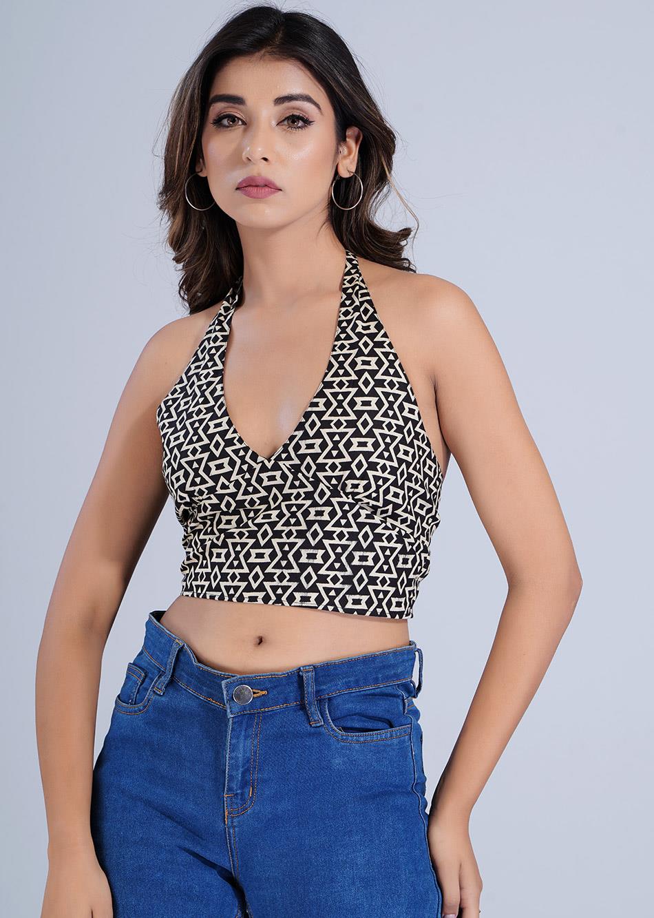 Pretty Black Printed Halter Neck Tops for Women Online