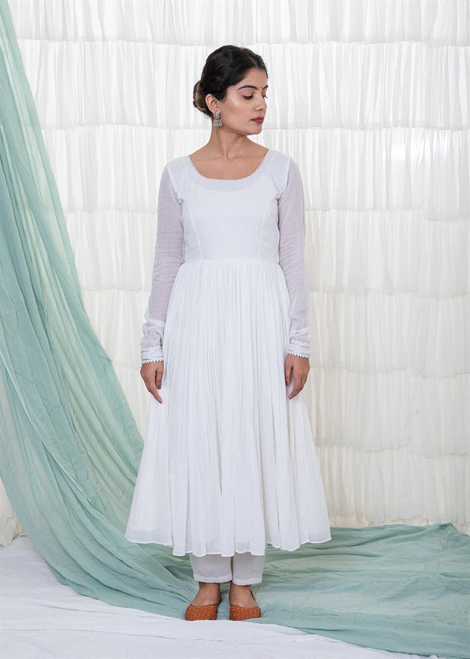 designer white anarkali dress Indian Women's White Anarkali Style Long Gown Kurta Set with Dupatta