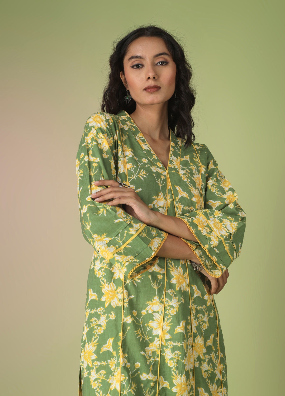 Green Printed Collar Neck Anarkali Set | JOVI India