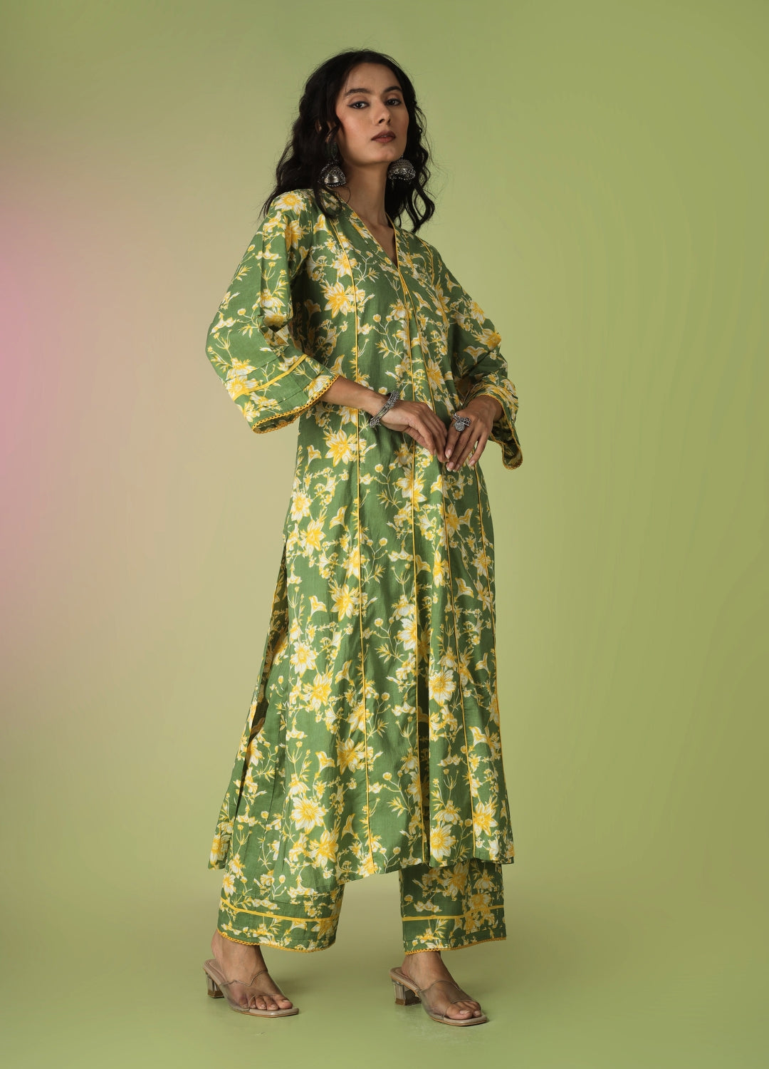 Green Printed Collar Neck Anarkali Set | JOVI India
