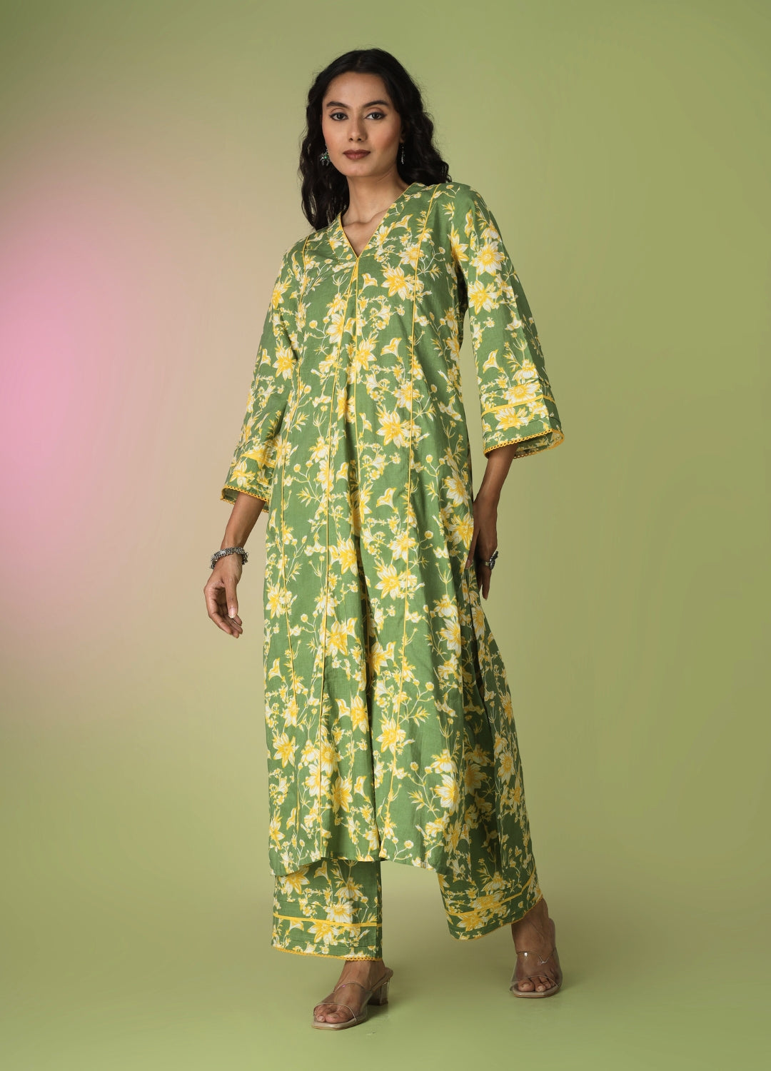 Green Printed Collar Neck Anarkali Set | JOVI India