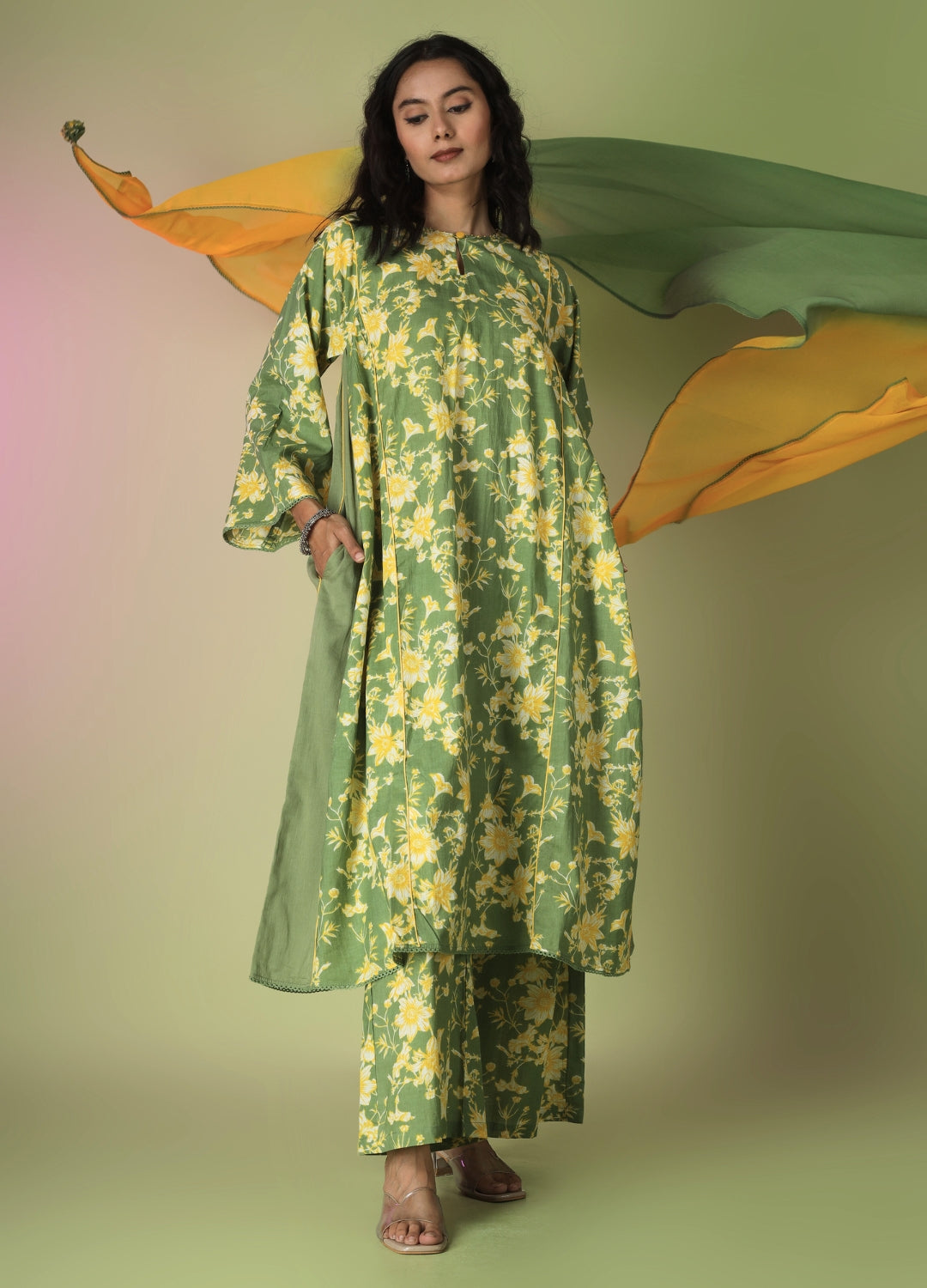 Green Printed Side Gathered Anarkali Set | JOVI India