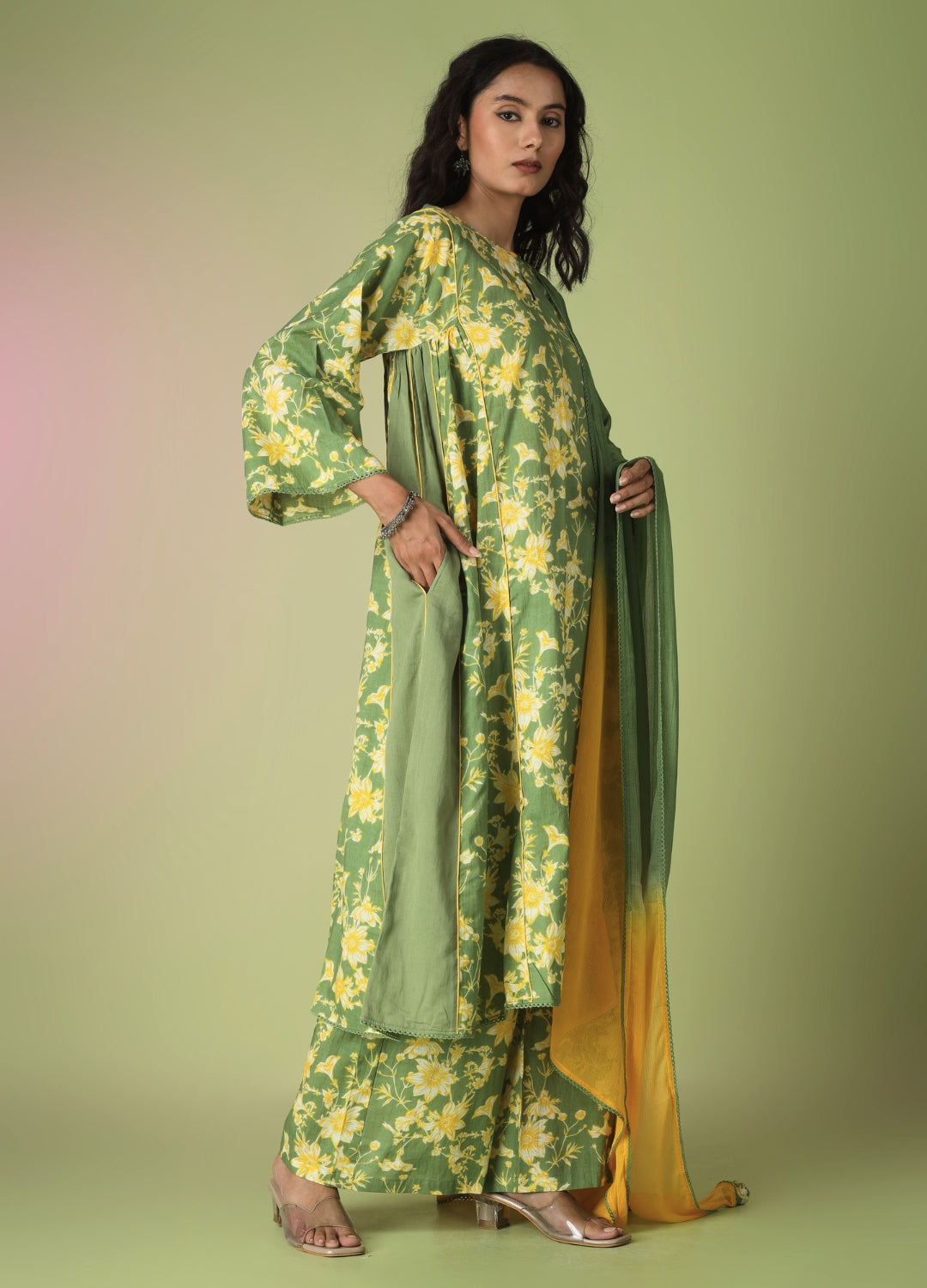 Green Printed Side Gathered Anarkali Set | JOVI India