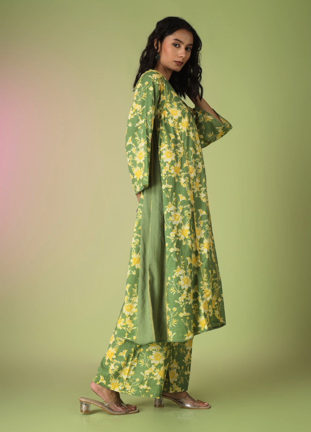 Green Printed Side Gathered Anarkali Set | JOVI India