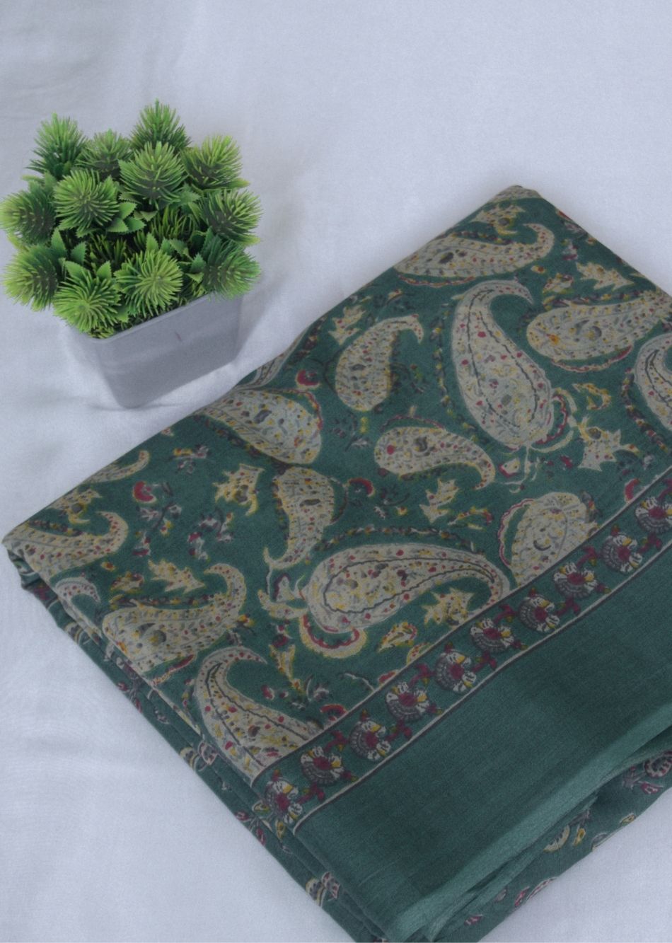 Green Paisley Printed Mulmul Fabric | JOVI India