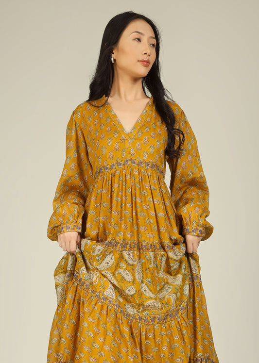 Mustard Printed Collar Neck Dress | Jovi Fashion India