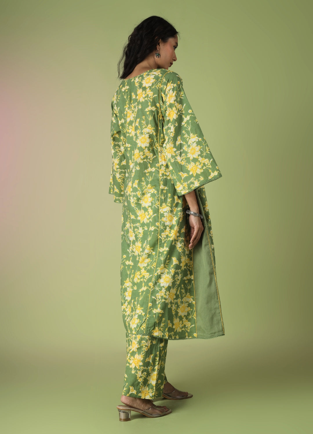 Green Printed Side Gathered Anarkali Set | JOVI India