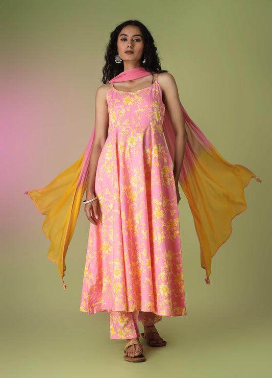 Pink Printed Strappy Anarkali Suit Set | Jovi Fashion India