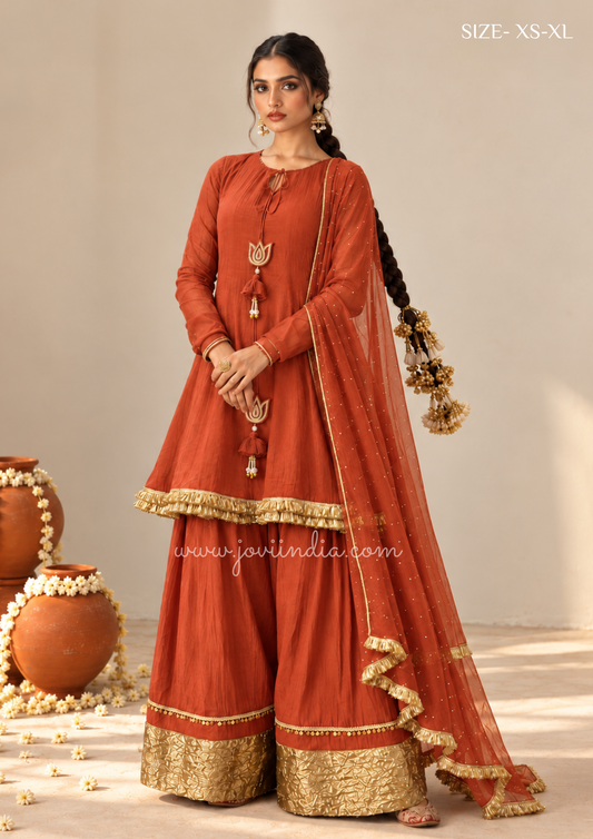 Chanderi Sleeved Farshi Set -Orange