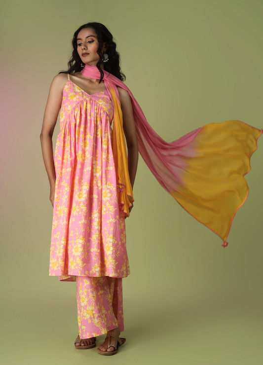 Pink Printed Strappy Kurta with Palazzo Suit Set | Jovi Fashion India
