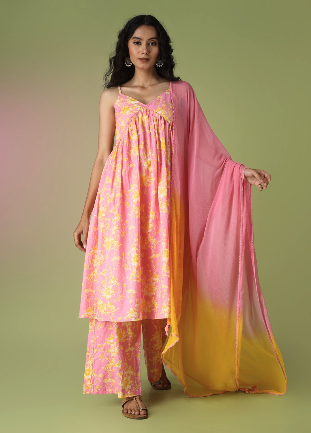 Pink Printed Strappy Kurta with Palazzo Suit Set | JOVI India