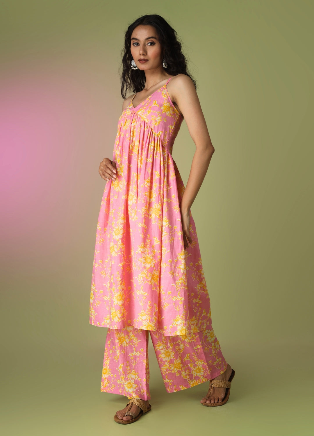 Pink Printed Strappy Kurta with Palazzo Suit Set | JOVI India