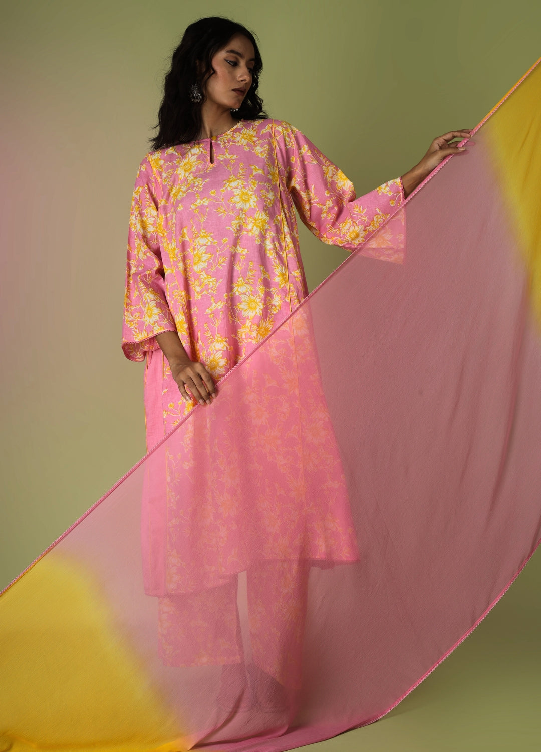 Pink Printed Side Gathered Anarkali Set | JOVI India