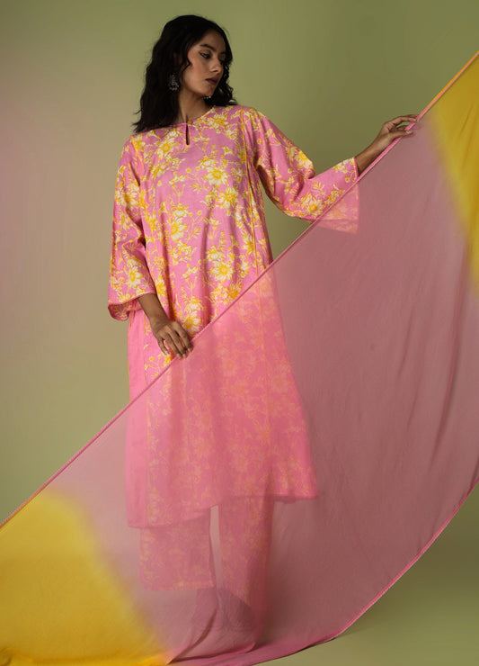 Pink Printed Side Gathered Anarkali Set | Jovi Fashion India