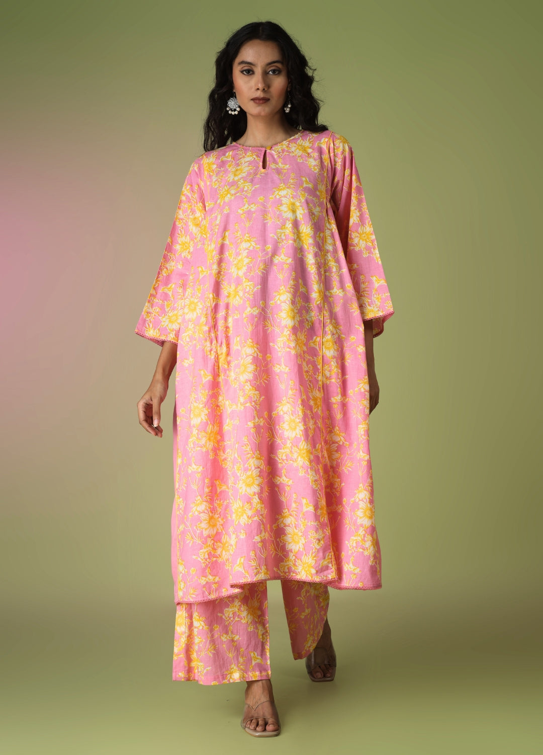 Pink Printed Side Gathered Anarkali Set | JOVI India