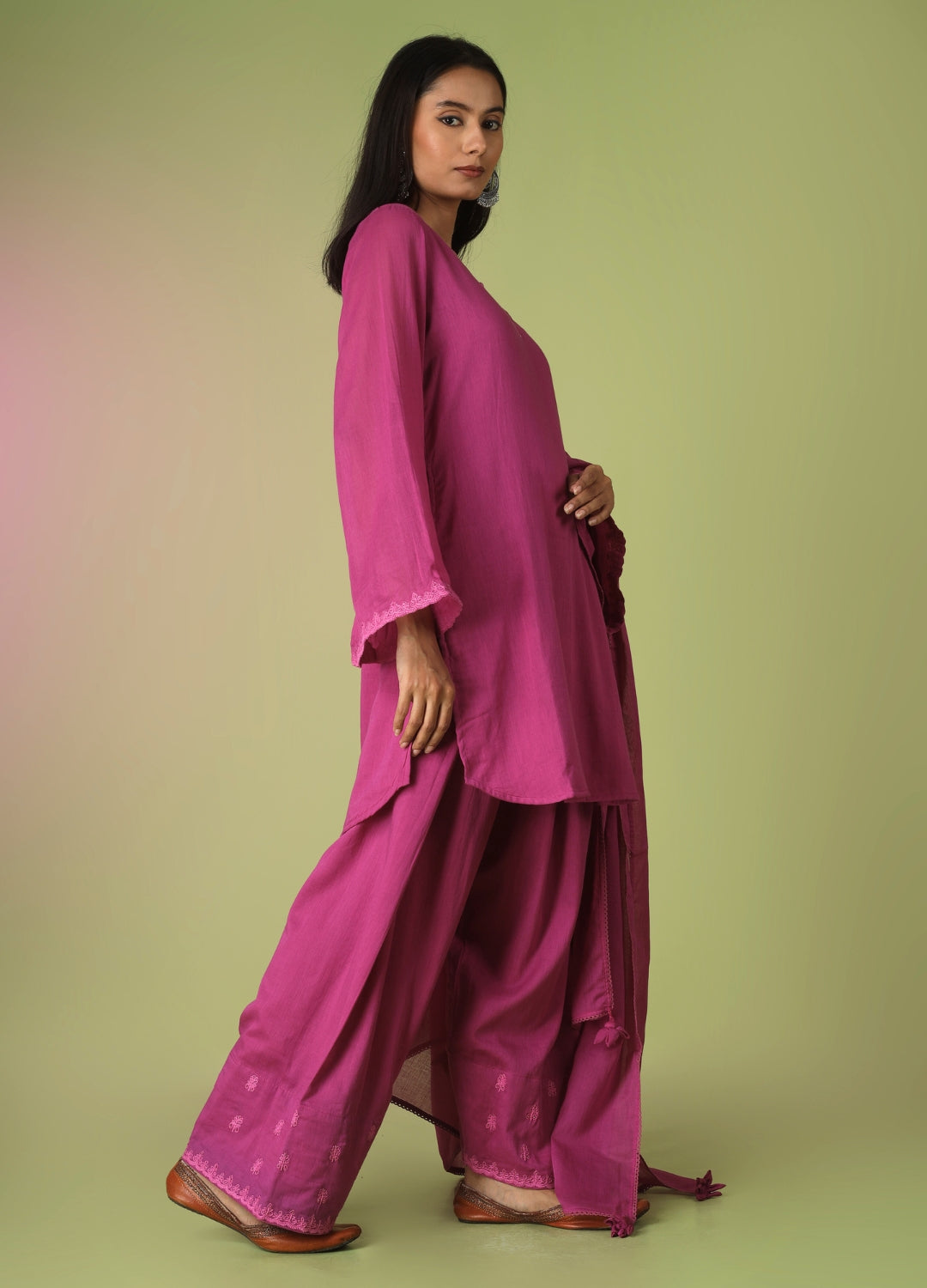 Raspberry Short Kurta with Farshi Shalwar Set | JOVI Fashion India