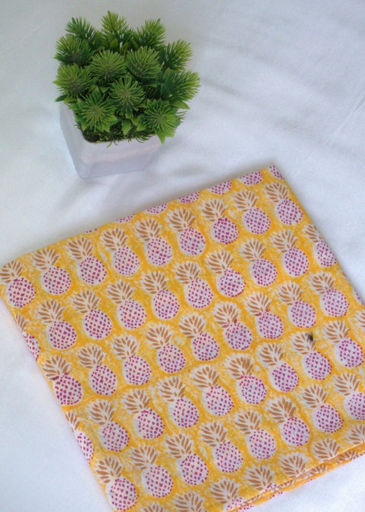 Yellow Pineapple Hand Block Printed Cotton Fabric | Jovi India