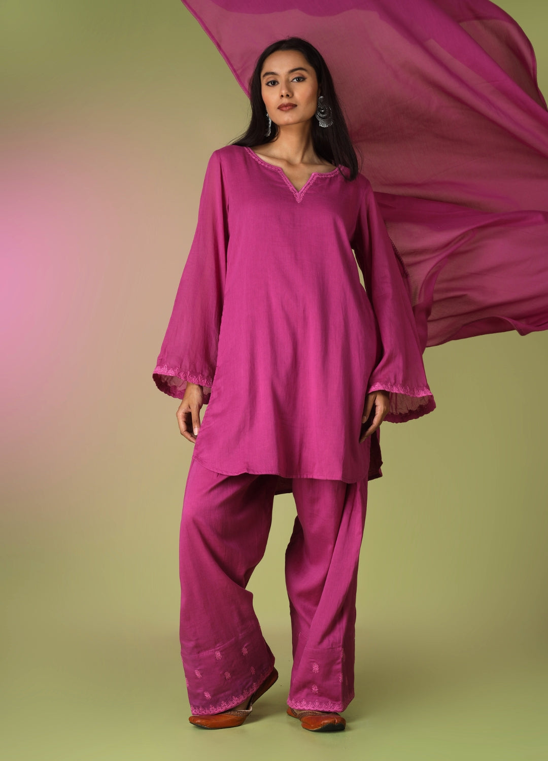 Raspberry Short Kurta with Farshi Shalwar Set | JOVI Fashion India