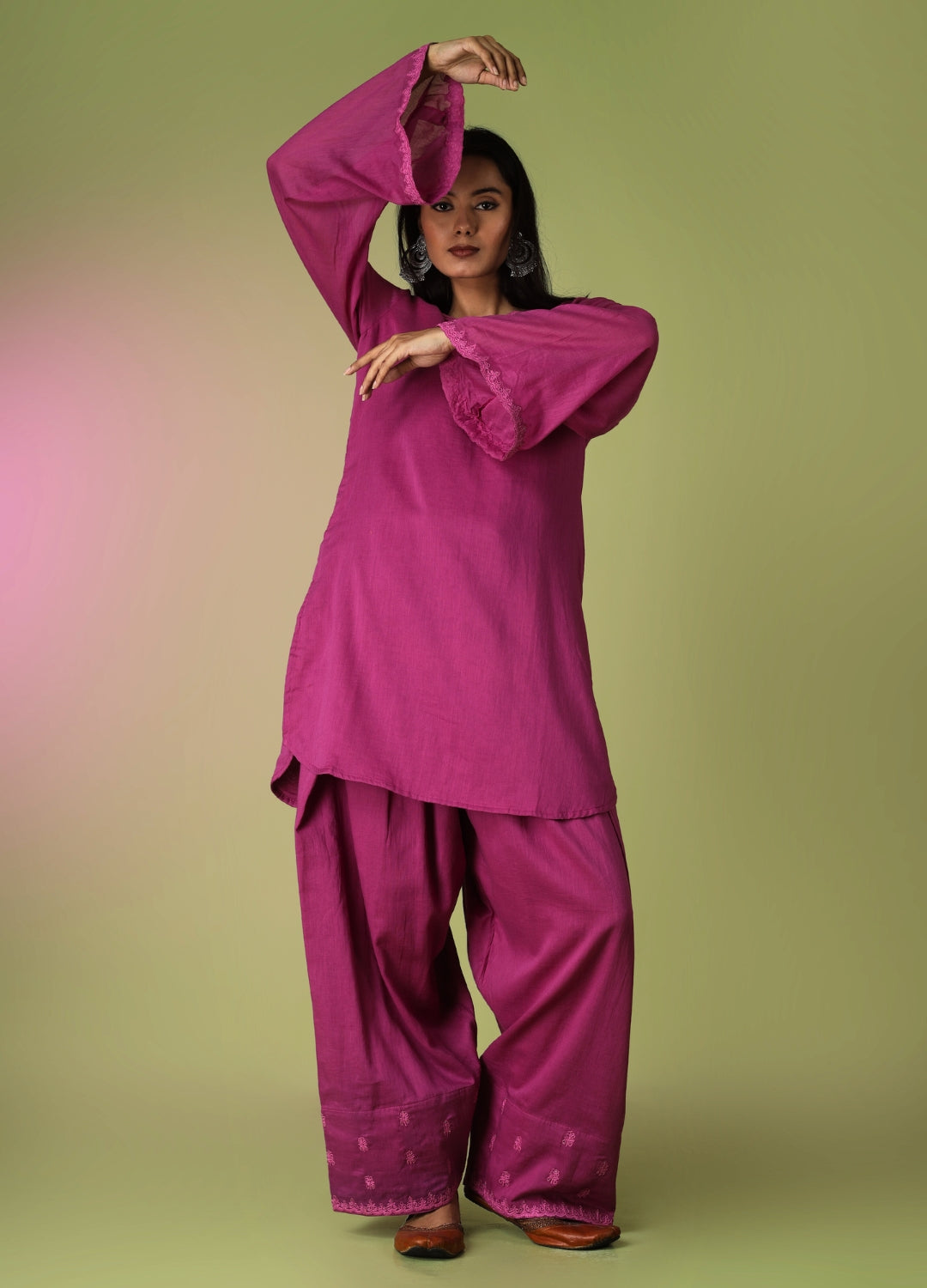 Raspberry Short Kurta with Farshi Shalwar Set | JOVI Fashion India
