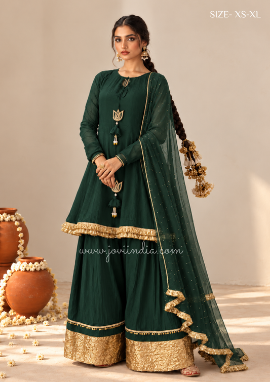 Chanderi Sleeved Farshi Set -Green