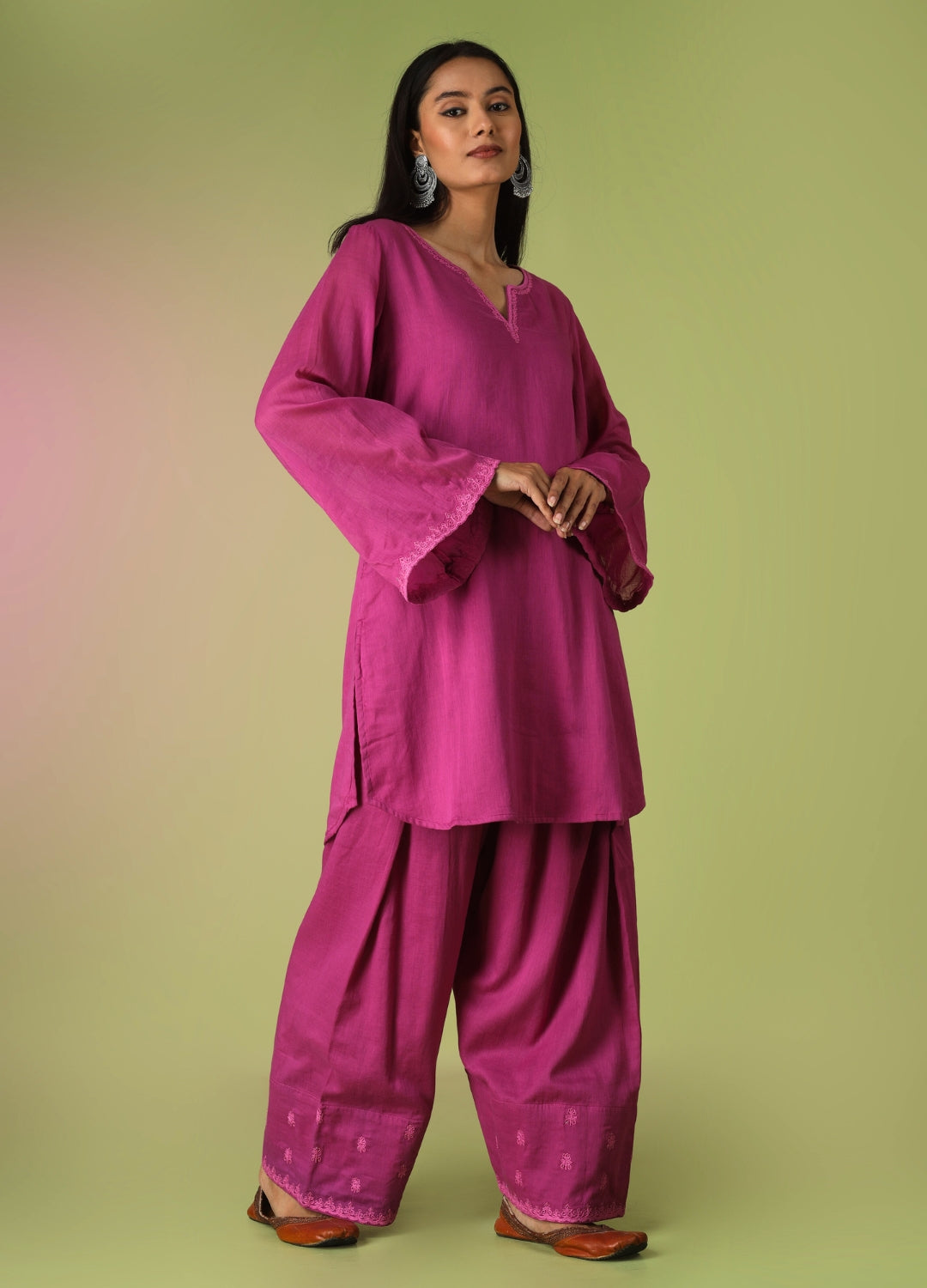 Raspberry Short Kurta with Farshi Shalwar Set | JOVI Fashion India