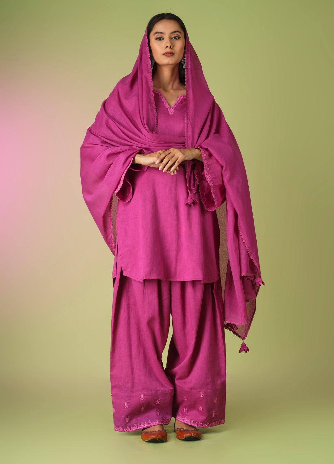 Raspberry Short Kurta with Farshi Shalwar Set | JOVI Fashion India