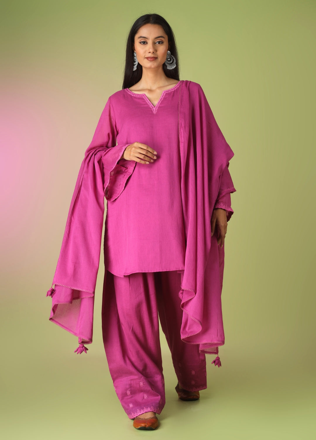 Raspberry Short Kurta with Farshi Shalwar Set | JOVI Fashion India