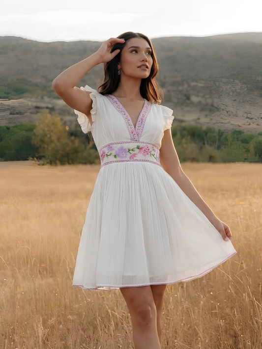 White Waist Embroidered Dress
