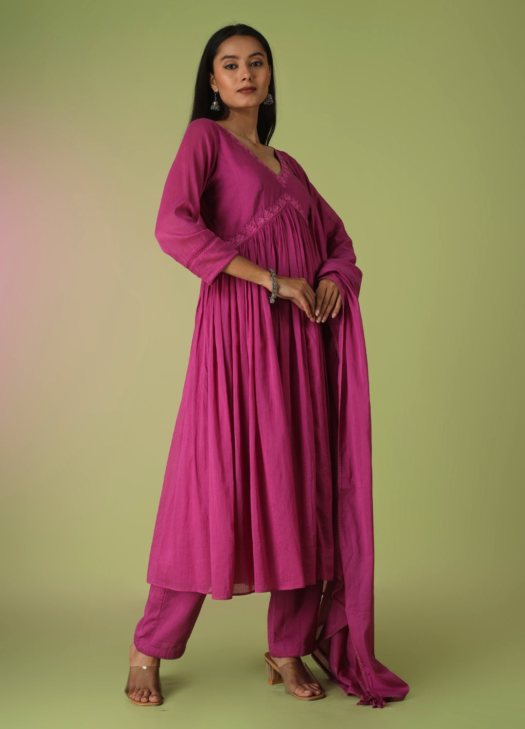 Raspberry Cross Gather Anarkali Set | JOVI Fashion India