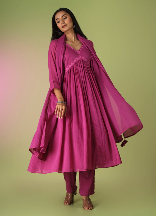 Raspberry Cross Gather Anarkali Set | Jovi Fashion India