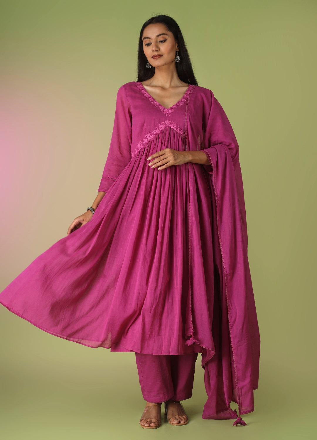 Raspberry Cross Gather Anarkali Set | JOVI Fashion India