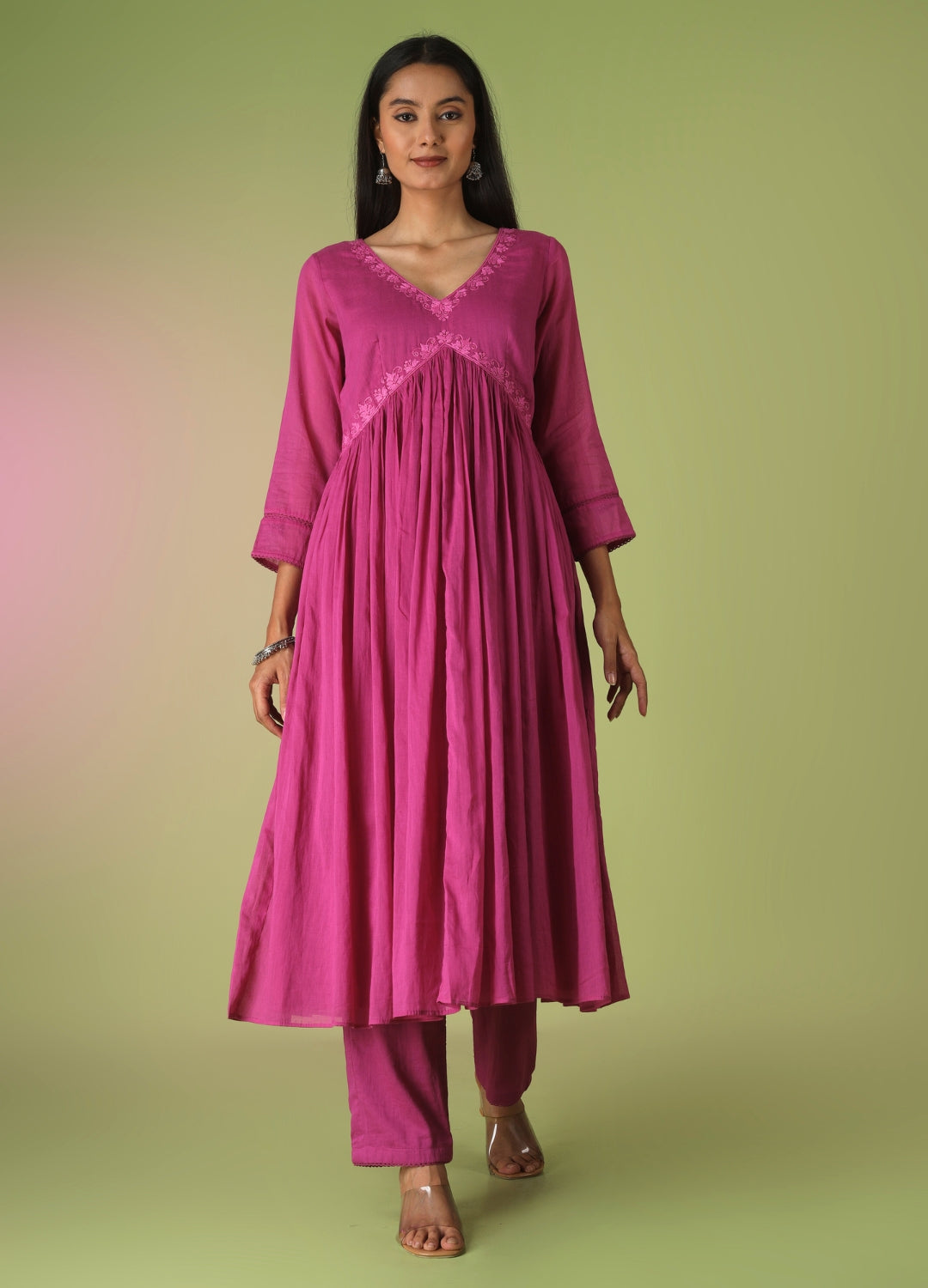 Raspberry Cross Gather Anarkali Set | JOVI Fashion India