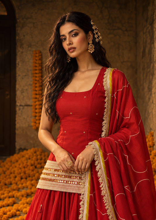 Short Kurta with Skirt - Kumkum Red
