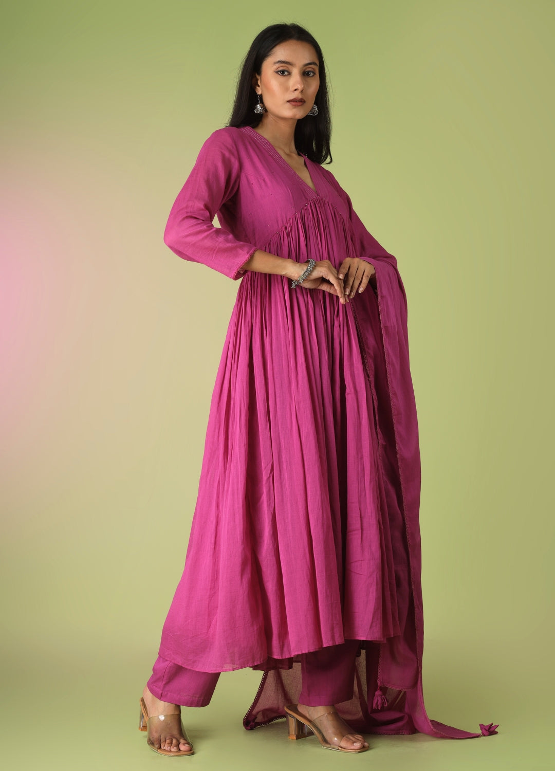 Raspberry Collar Neck Anarkali Suit Set | JOVI Fashion India