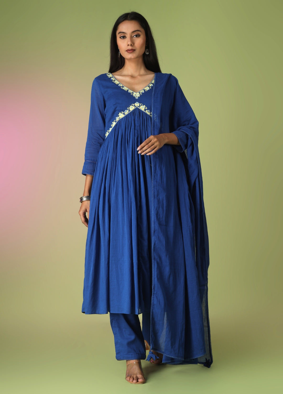 Royal Blue Cross Gather Anarkali Set | JOVI Fashion India