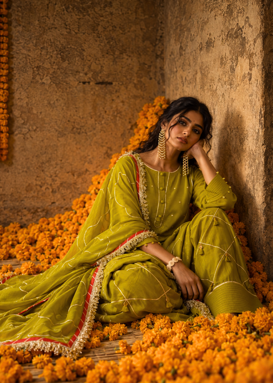 Anti-Fit Farshi Shalwar Set - Mehndi Green