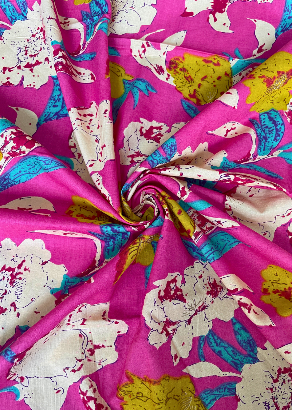 Pink Floral Printed Cotton Fabric | JOVI India