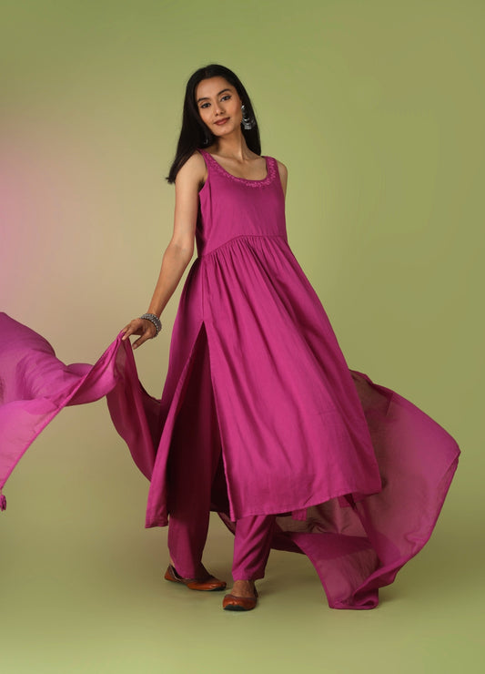 Raspberry Round Neck Anarkali Suit Set | Jovi Fashion India