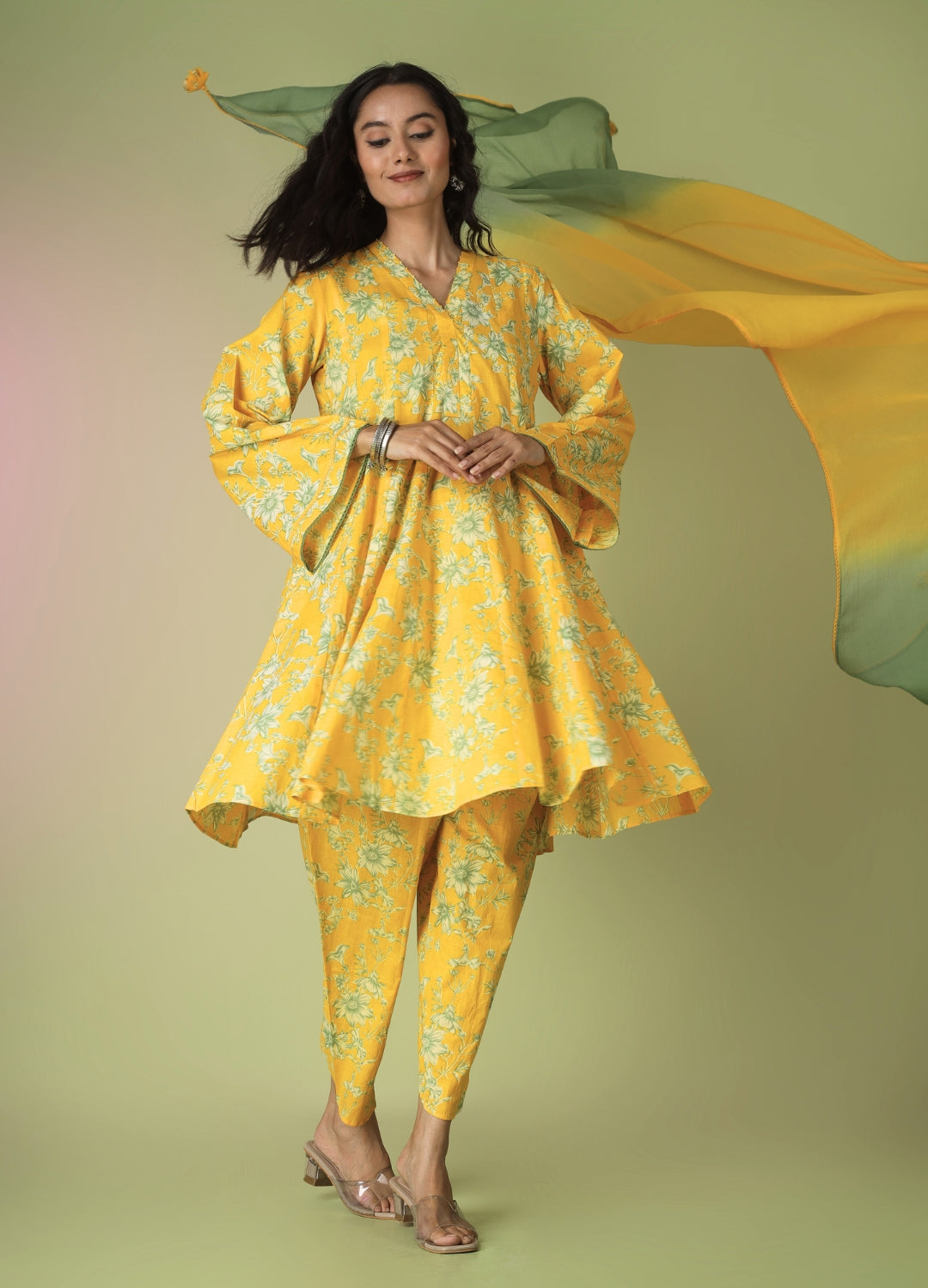 Yellow Collar Neck Short Kurta with Tulip Pants | JOVI India