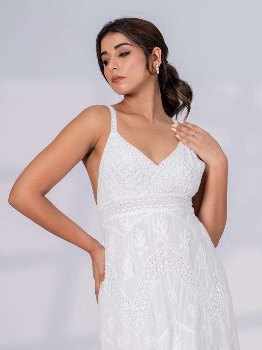 White Lacey Embroidered Maxi Dress | Jovi India