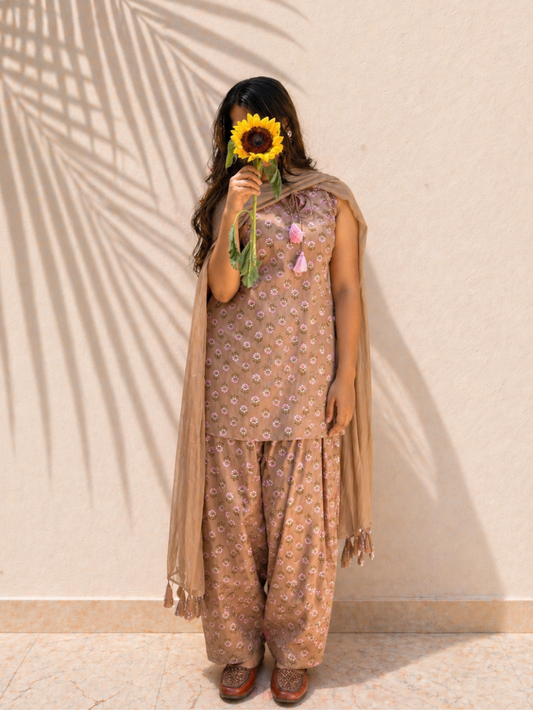 Brown Short Kurta with Farshi Shalwar Suit Set - JOVI India | Jovi India