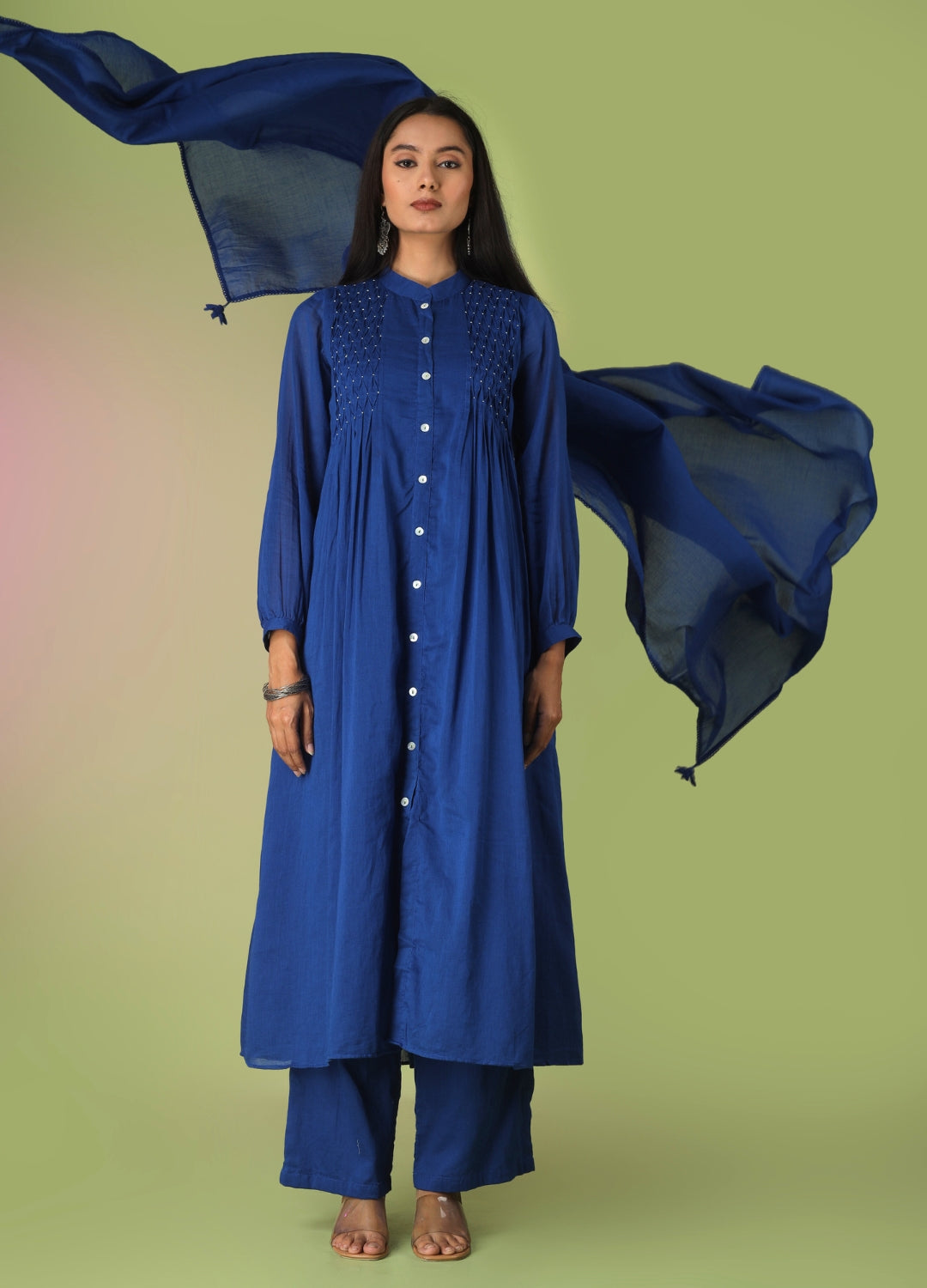 Royal Blue Pin Tucks Suit Set | JOVI Fashion India