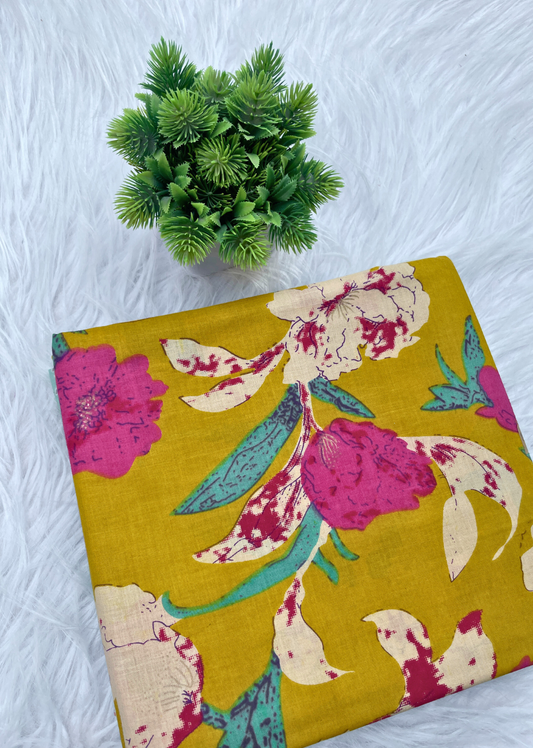 Mustard Floral Printed Cotton Fabric | Jovi India